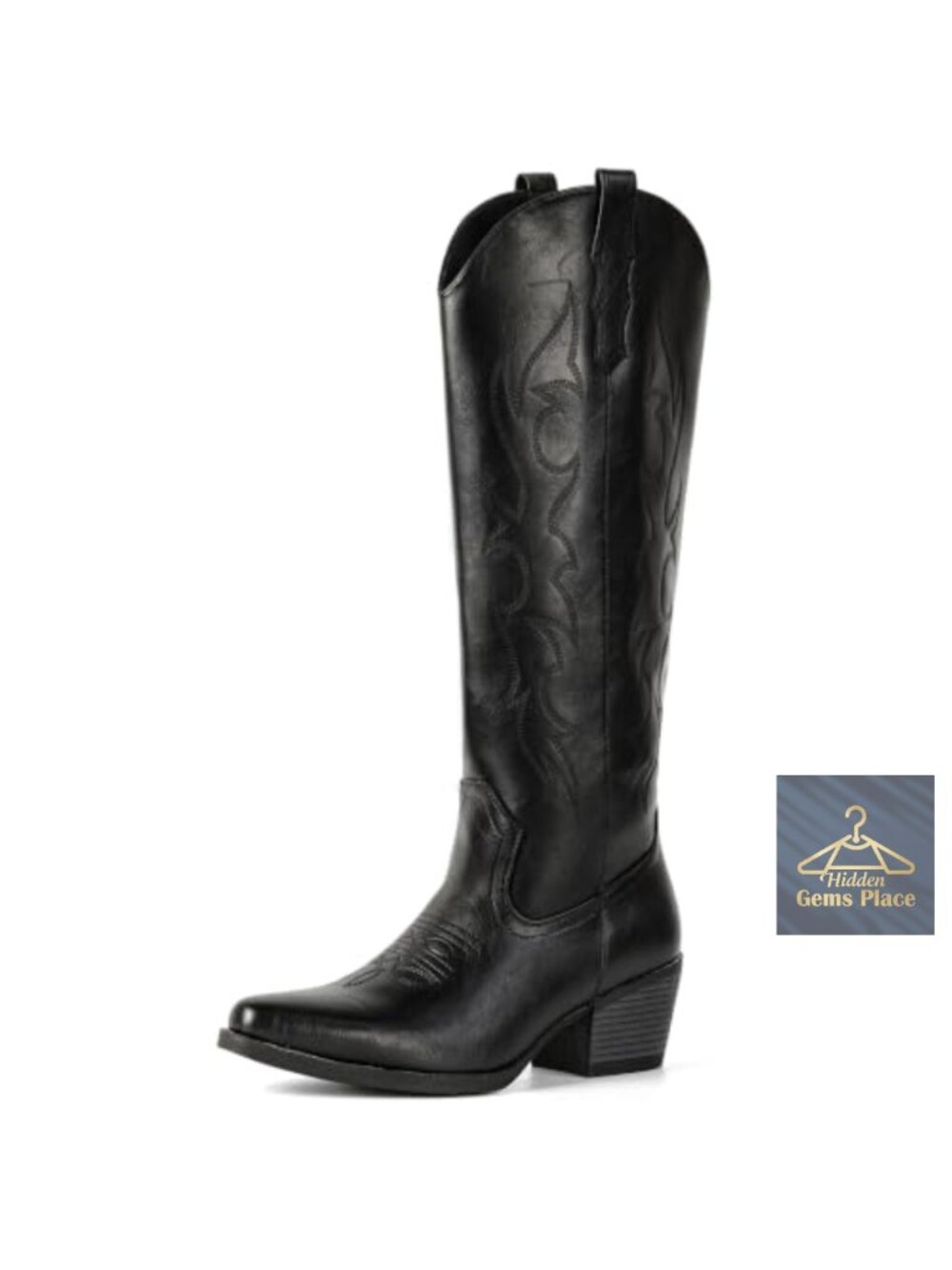 Knee High Cowboy Boots for Women Wide Calf Embroidered Western Block Heel Faux